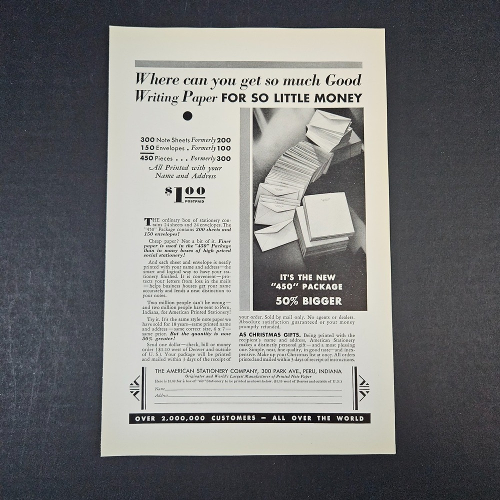 1932 American Stationery Company Vintage Print Ad Peru IN Printed Note Paper